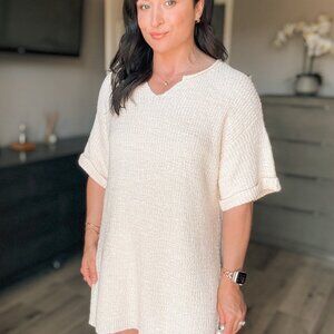 Women's Neutral Short Sleeve Oversized Knit Dress Top | Cream
